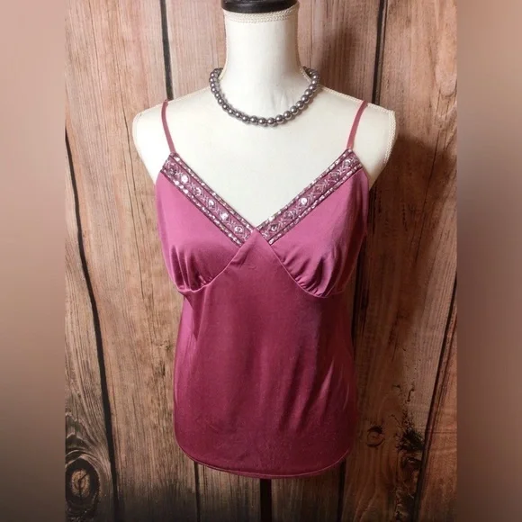 Large rose pink v shape camisole with sparkle bead work (0101) - Picture 1 of 6